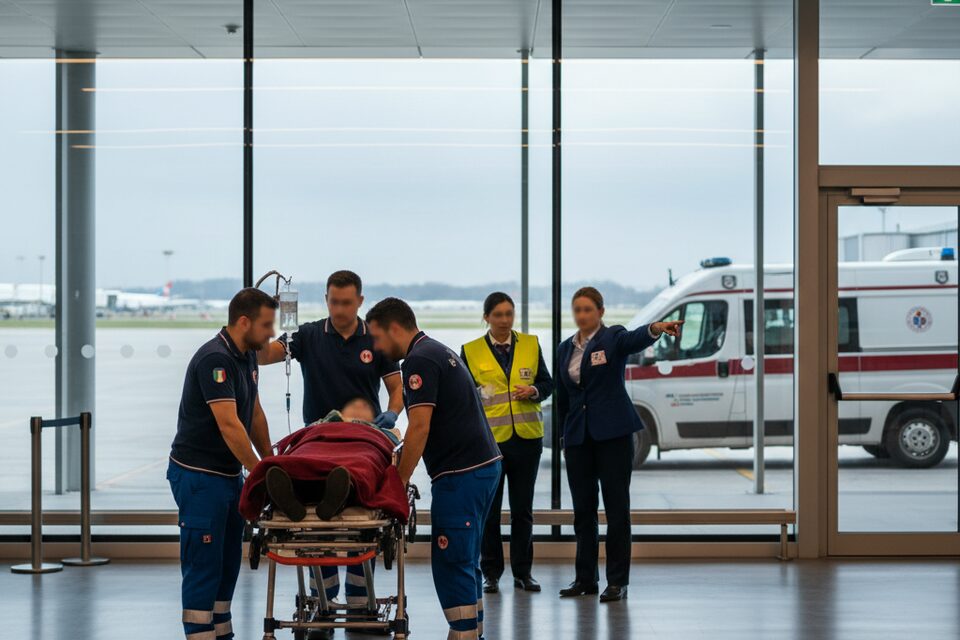 Equipaggio sanitario riceve un passeggero con barella all'uscita dell'aeroporto