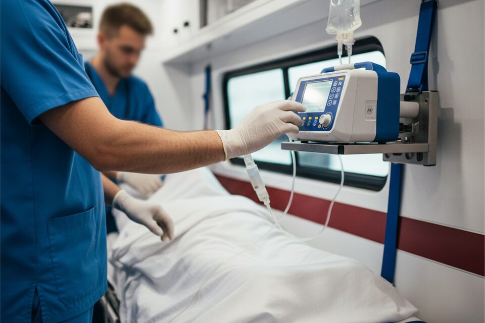 Medico controlla il ventilatore polmonare di un paziente critico in ambulanza