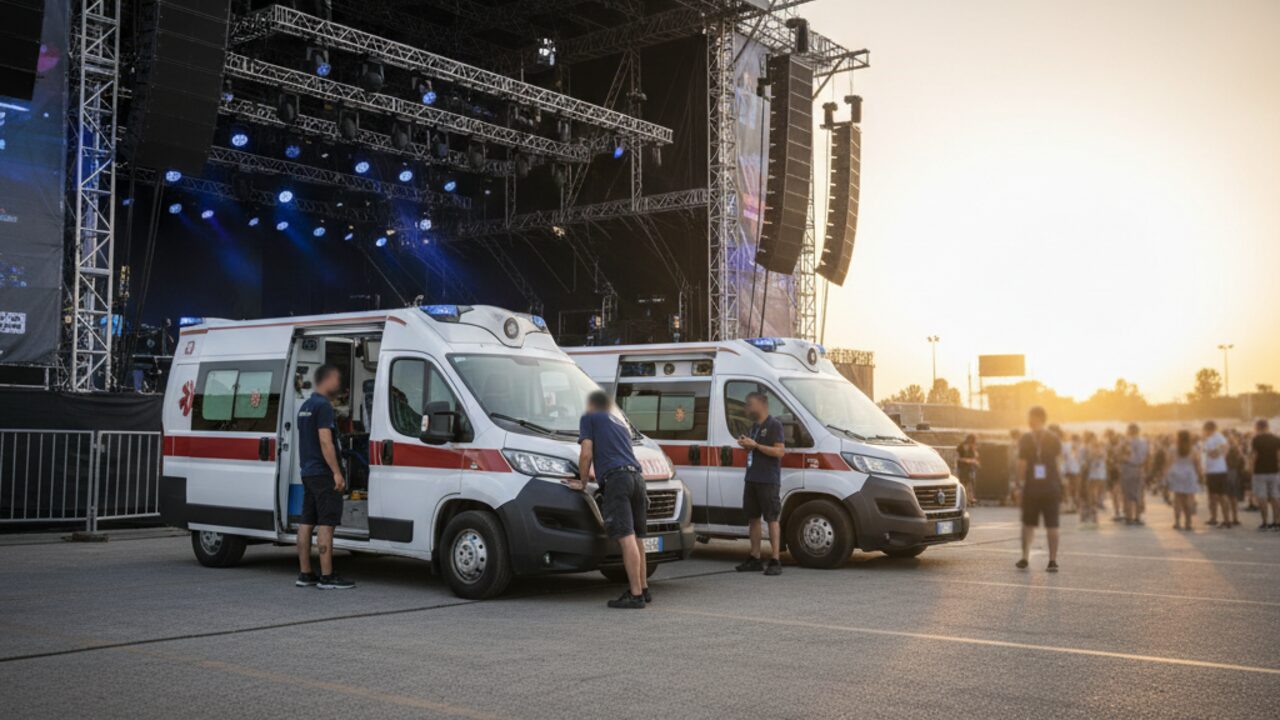 Ambulanze schierate dietro il backstage di un grande festival musicale
