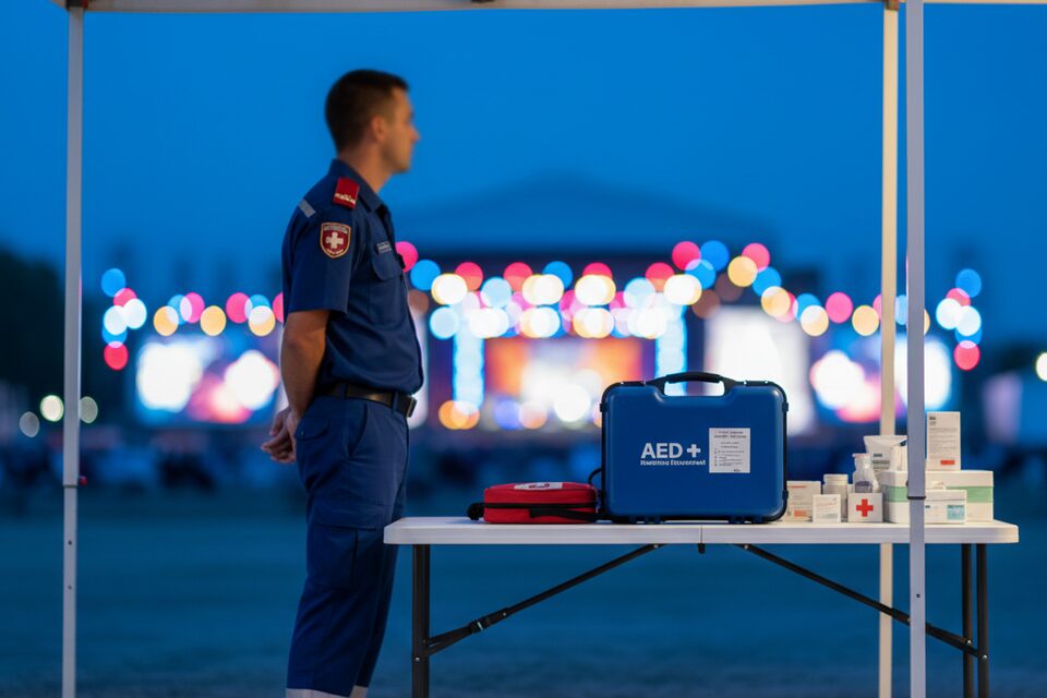 Postazione medica avanzata con DEA durante un concerto serale
