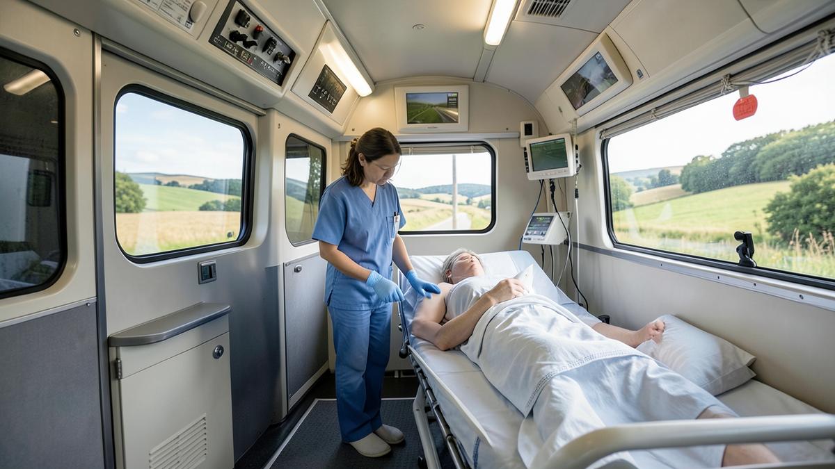 Infermiera assiste un paziente sdraiato nel vano sanitario durante un trasporto a lunga percorrenza