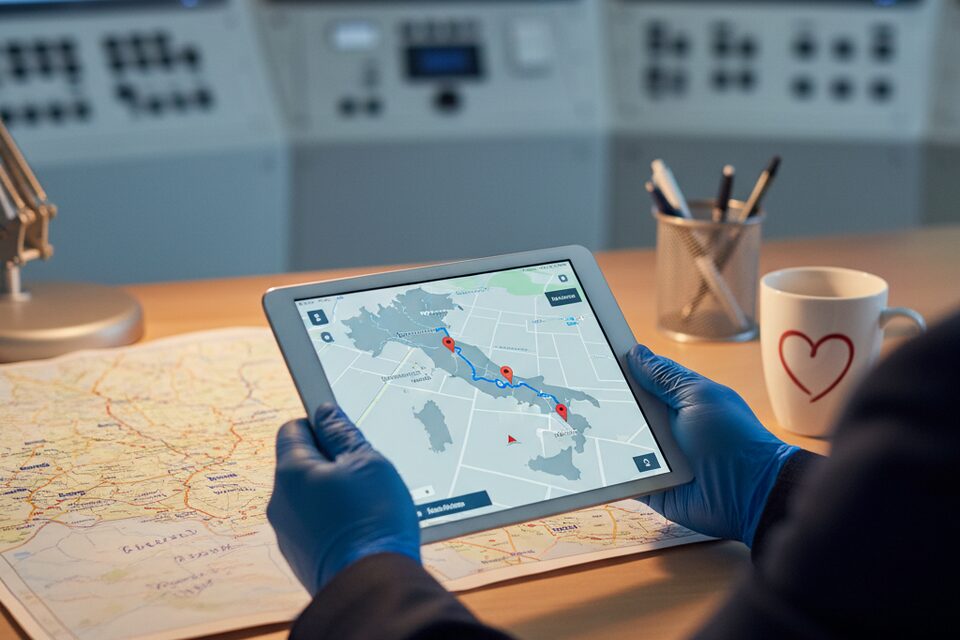 Mappa stradale e tablet GPS con percorso pianificato per trasferimento sanitario nazionale