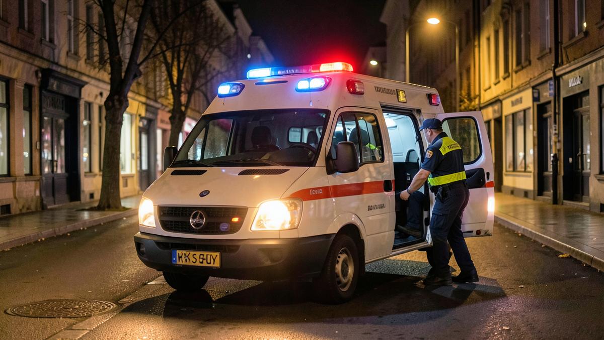 Ambulanza con lampeggianti accesi in una strada cittadina di notte con soccorritore al portellone