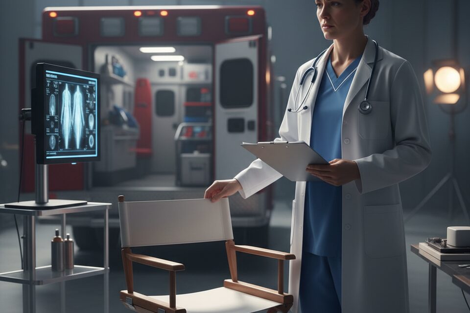 Medico di scena monitora le riprese di una scena d'azione su un set audiovisivo