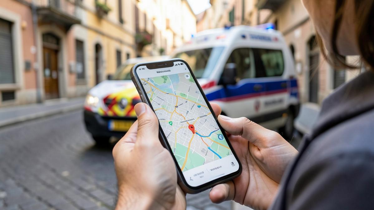 Persona cerca sullo smartphone un servizio di ambulanza privata vicino a sé, con un'ambulanza sullo sfondo