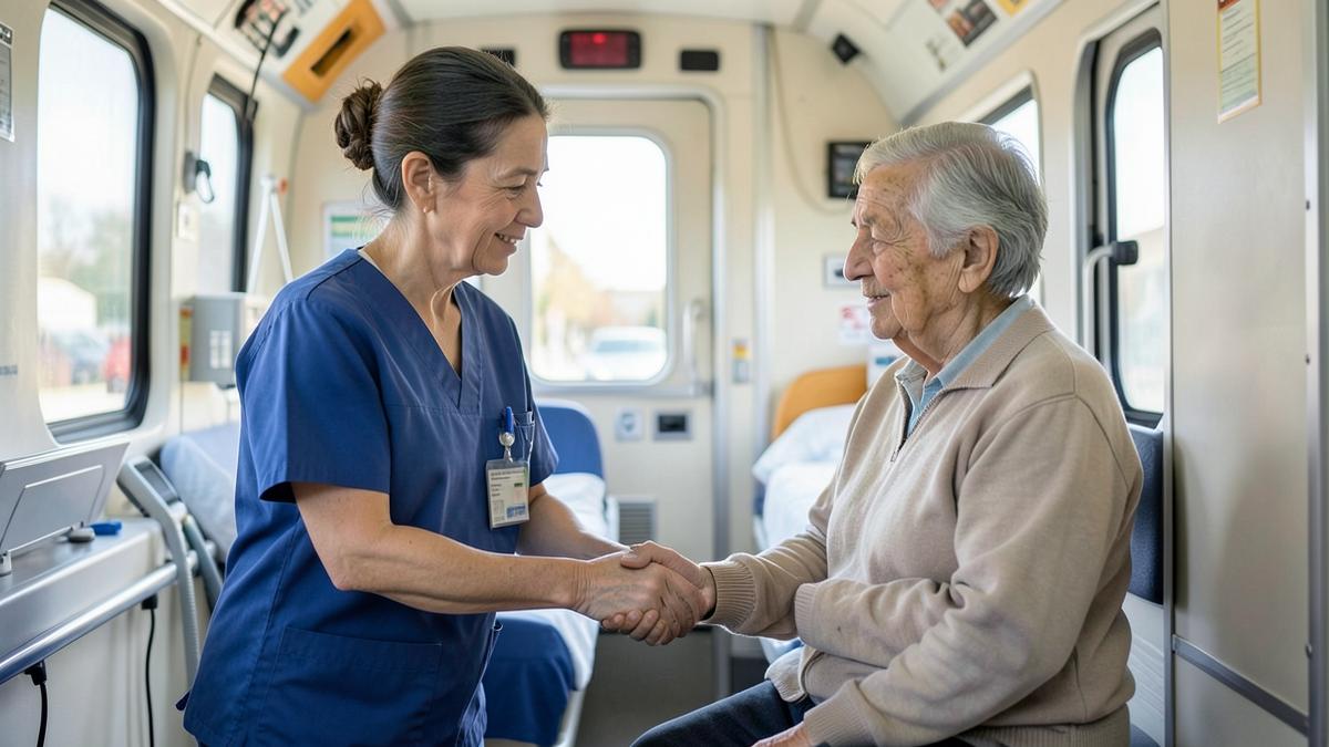 Infermiera stringe la mano a un anziano seduto in ambulanza per rassicurarlo prima del trasporto