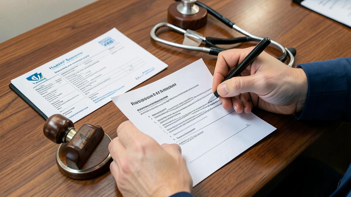 Compilazione della richiesta di trasporto sanitario su una scrivania con timbro e stetoscopio