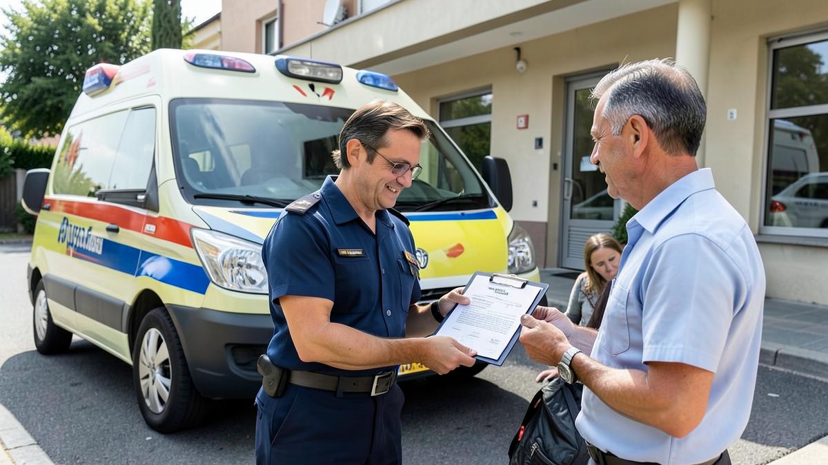 Soccorritore consegna a un familiare il preventivo scritto di un trasporto in ambulanza privata davanti al mezzo