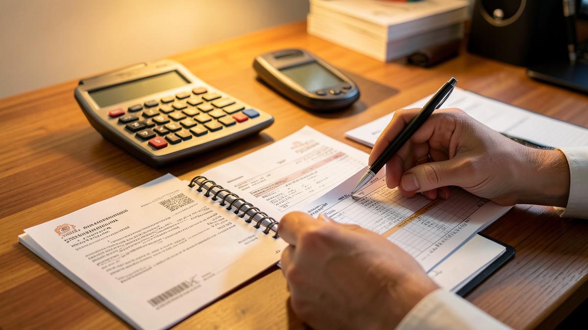 Scrivania con fattura del trasporto sanitario, calcolatrice e modulo fiscale da compilare