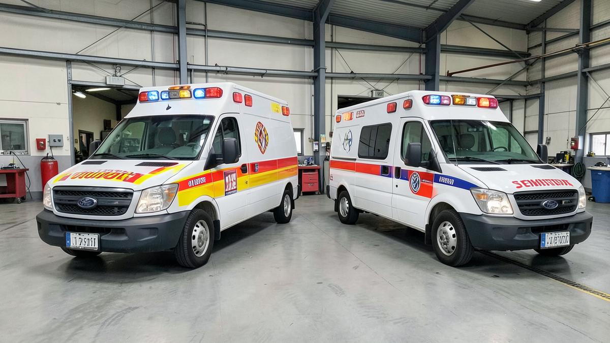 Due ambulanze di tipologia diversa parcheggiate affiancate nella rimessa dei mezzi