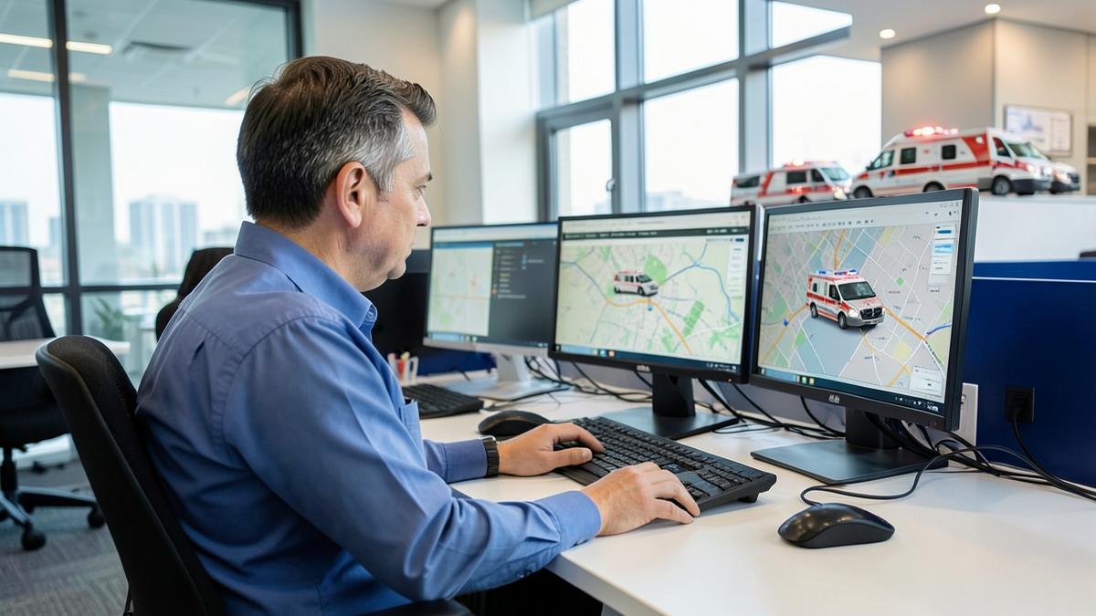 Operatore di centrale coordina più ambulanze sulle mappe di una piattaforma di trasporto sanitario