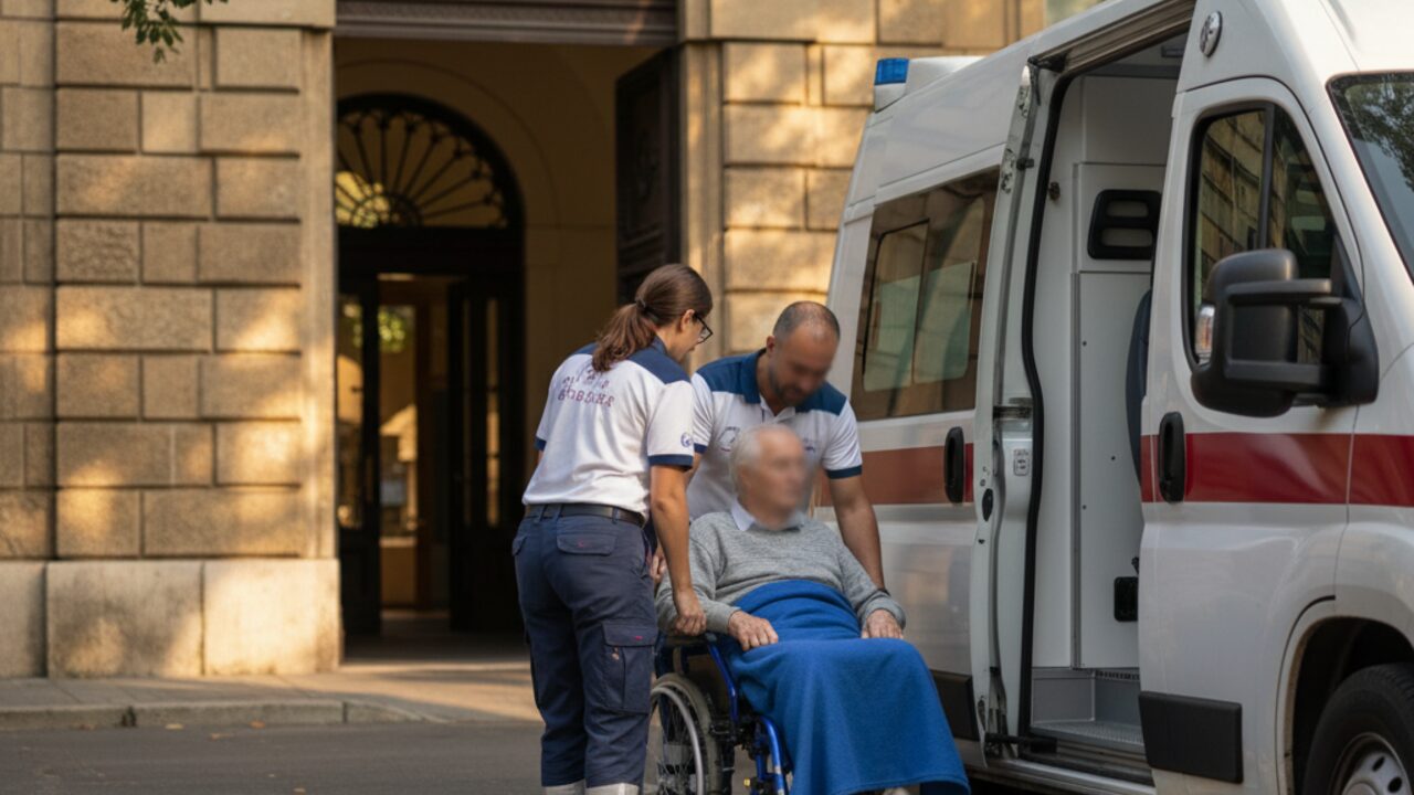 Paziente trasferito dall'ospedale all'ambulanza durante una dimissione ospedaliera