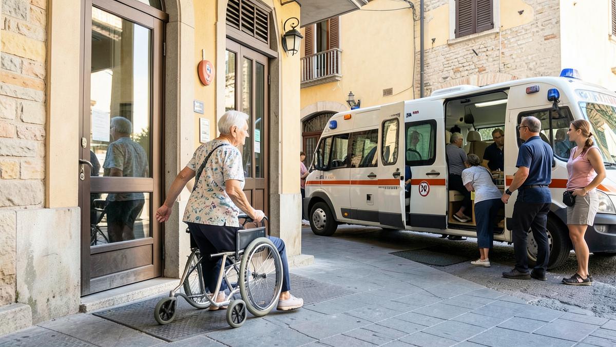 Signora anziana in carrozzina rientra a casa dopo le dimissioni con il mezzo sanitario in attesa