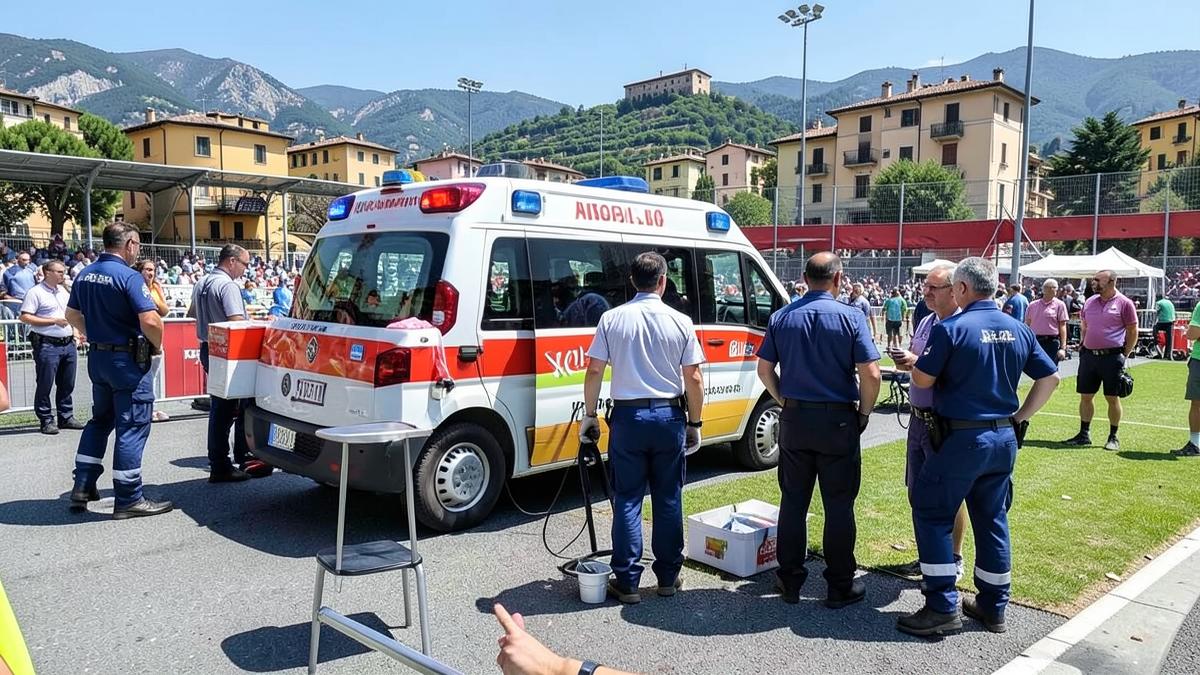 Ambulanza e squadra sanitaria in presidio a bordo campo durante un evento sportivo