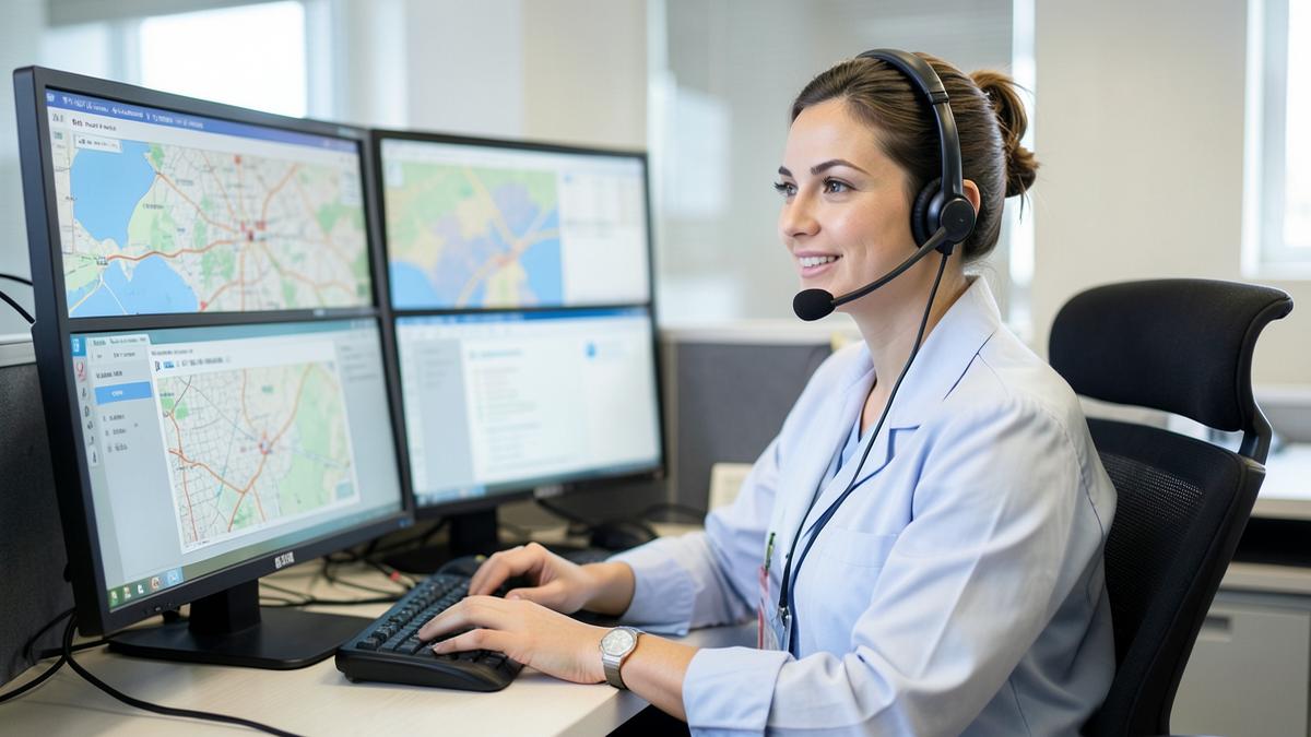 Operatrice di centrale operativa sanitaria con cuffia davanti ai monitor con le mappe dei mezzi