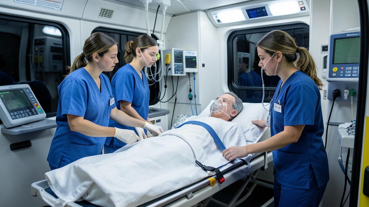 Paziente allettato con maschera per ossigeno assistito da infermieri nel vano sanitario dell'ambulanza