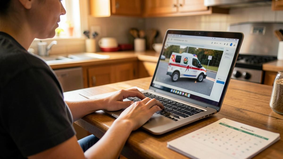 Donna prenota da casa un trasporto in ambulanza privata dal computer portatile con il calendario accanto