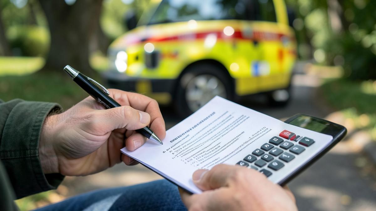 Mani che controllano con penna e calcolatrice il preventivo scritto di un trasporto in ambulanza