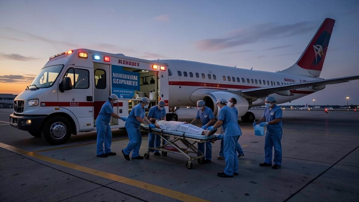 Équipe sanitaria trasferisce un paziente in barella dall'ambulanza all'aereo per un rimpatrio sanitario