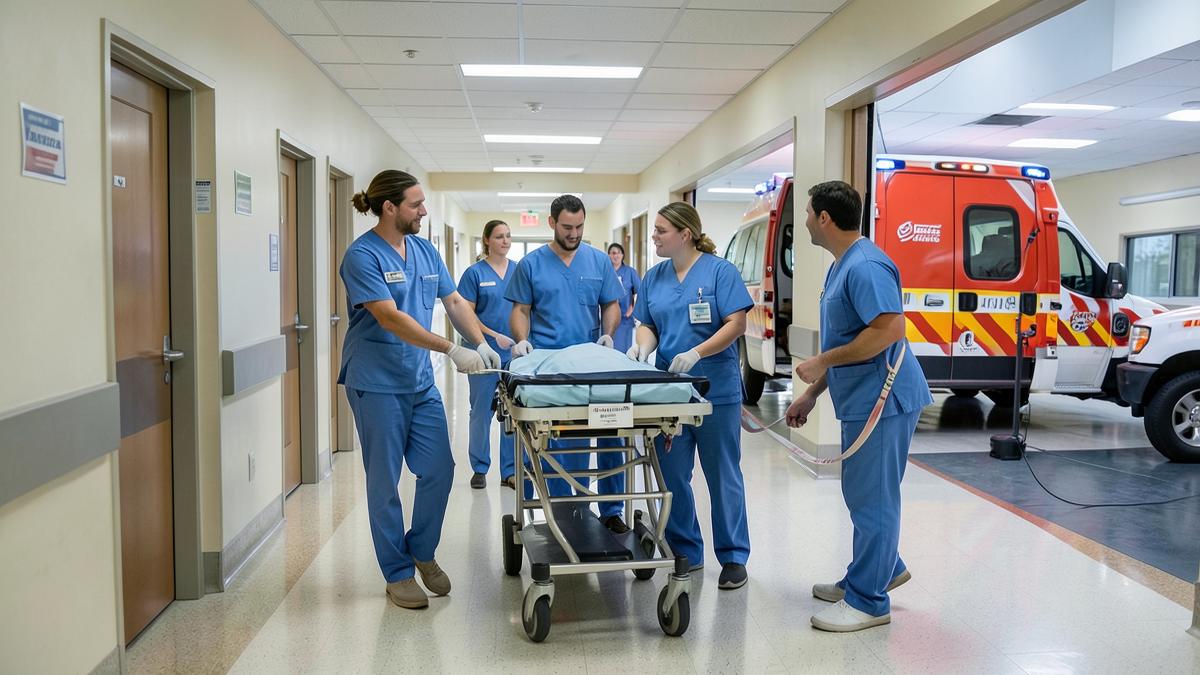 Personale sanitario trasporta una barella lungo il corridoio dell'ospedale verso l'ambulanza