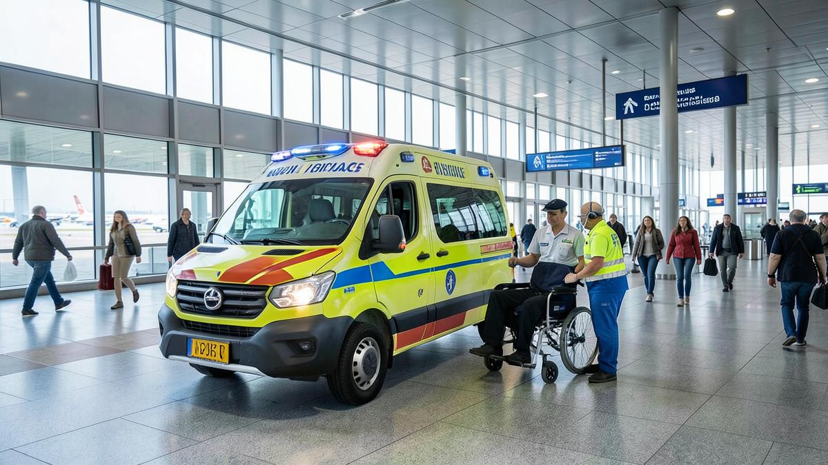 Ambulanza e operatori con carrozzina all'interno del terminal arrivi di un aeroporto