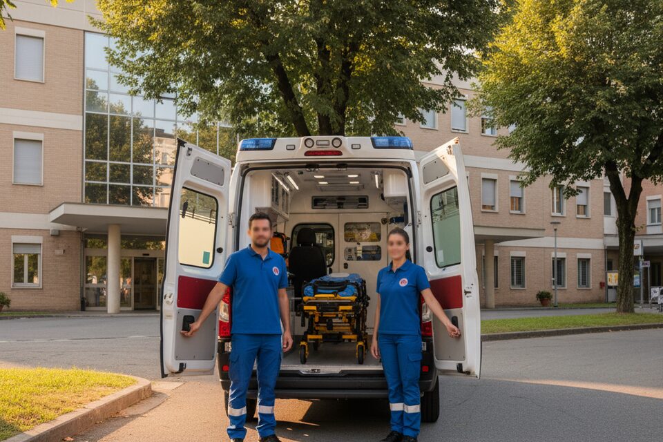 Equipaggio sanitario accoglie paziente alla destinazione di un trasferimento fuori regione