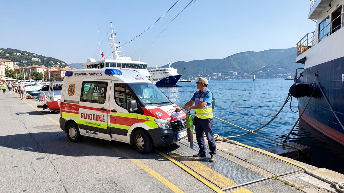 Ambulanza in imbarco su un traghetto in un porto italiano diretta verso le isole