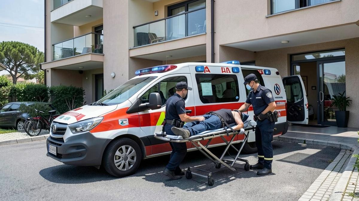 Soccorritori caricano un paziente su barella in un'ambulanza privata davanti a un condominio