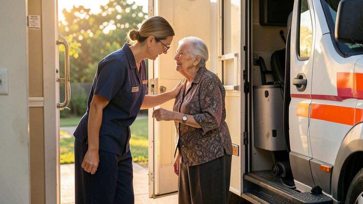 Operatrice sanitaria aiuta un'anziana non autosufficiente a uscire di casa verso il mezzo attrezzato