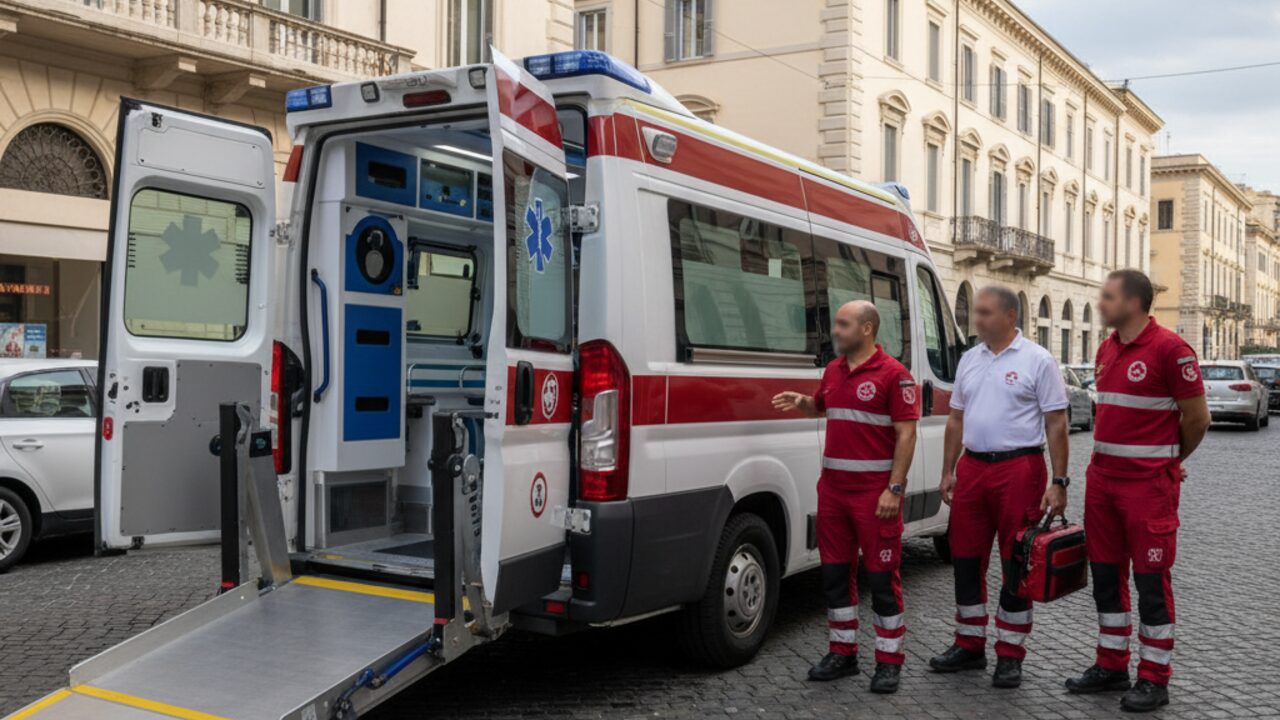 Ambulanza bariatrica attrezzata con barella rinforzata e pedana di carico