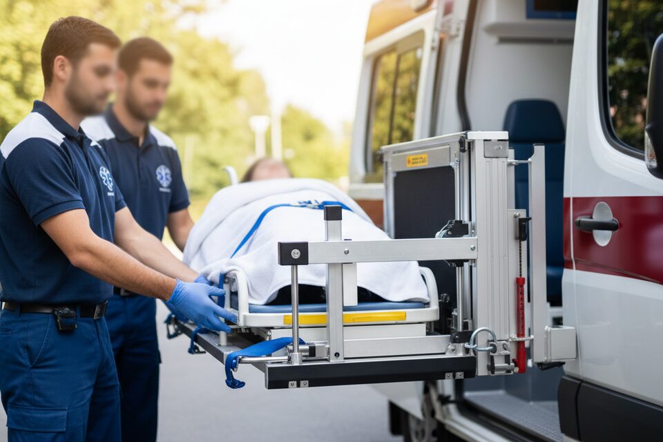 Soccorritori utilizzano un sollevatore meccanico per movimentare un paziente bariatrico