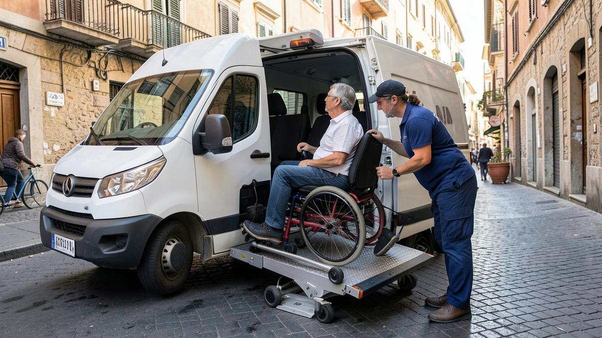 Operatore aiuta un uomo in carrozzina a salire sulla pedana idraulica di un mezzo attrezzato