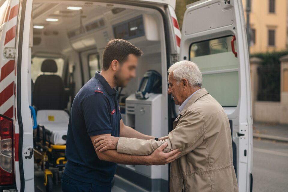 Soccorritore aiuta paziente dializzato a salire sull'ambulanza per la seduta