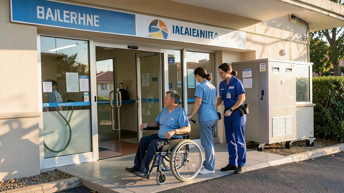 Paziente in carrozzina accompagnato dagli operatori all'ingresso di un centro dialisi