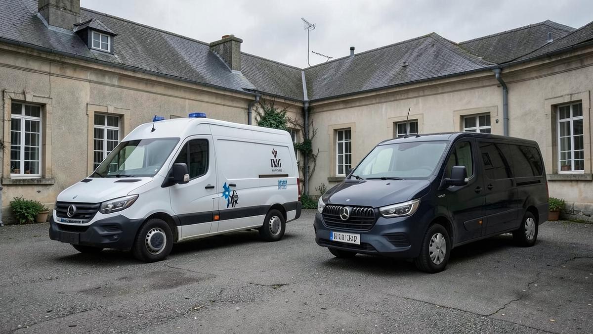 Mezzo sanitario e mezzo funebre parcheggiati affiancati in un cortile, a confronto