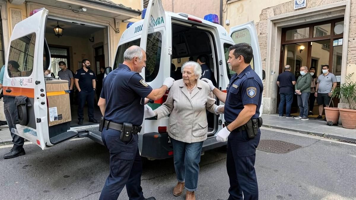 Due soccorritori accompagnano una signora anziana verso un'ambulanza del servizio sanitario