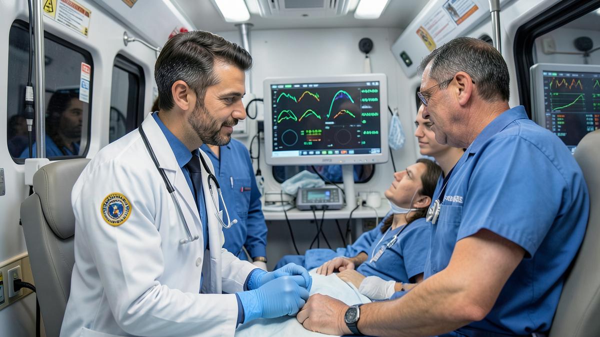 Medico con camice assiste un paziente monitorato all'interno di un'ambulanza attrezzata