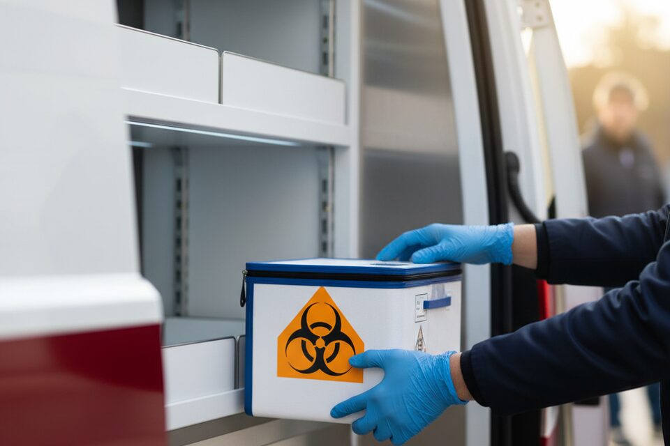 Contenitore termico isotermico con sacche di sangue per trasporto sanitario urgente