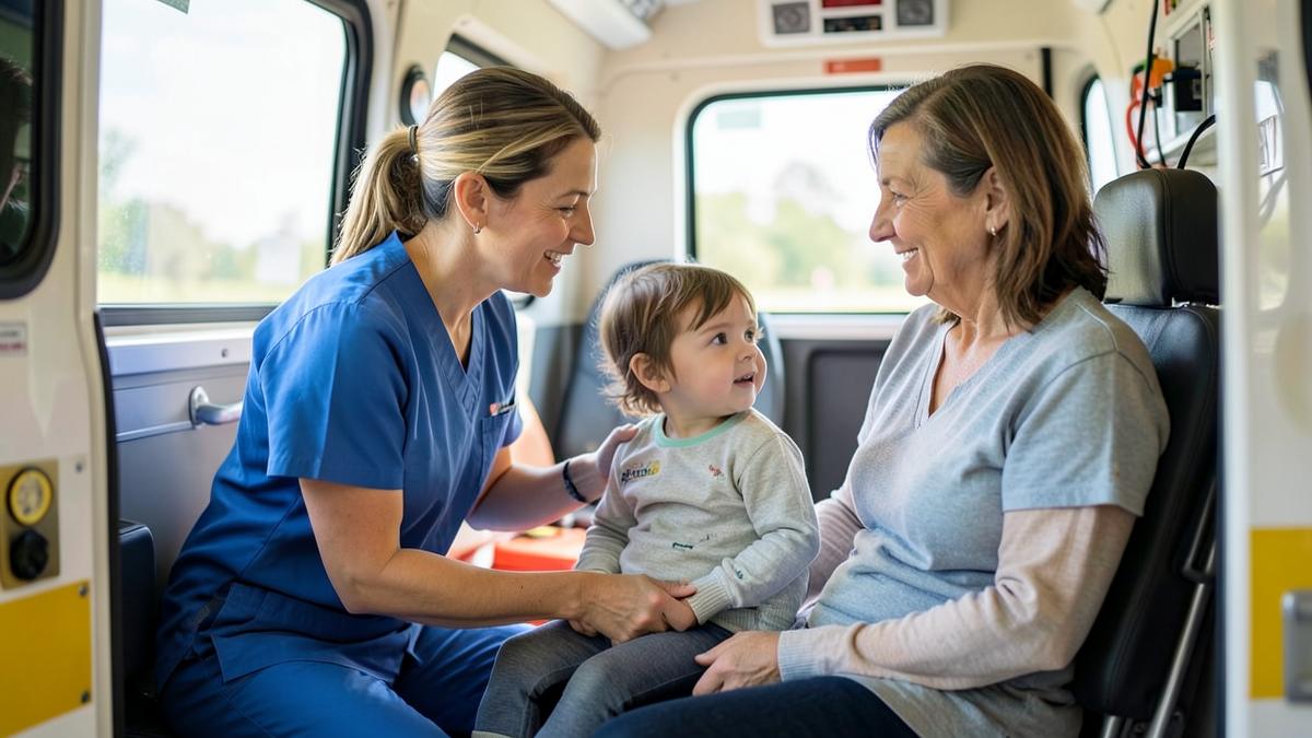 Infermiera rassicura un bambino accompagnato dalla mamma all'interno di un'ambulanza pediatrica