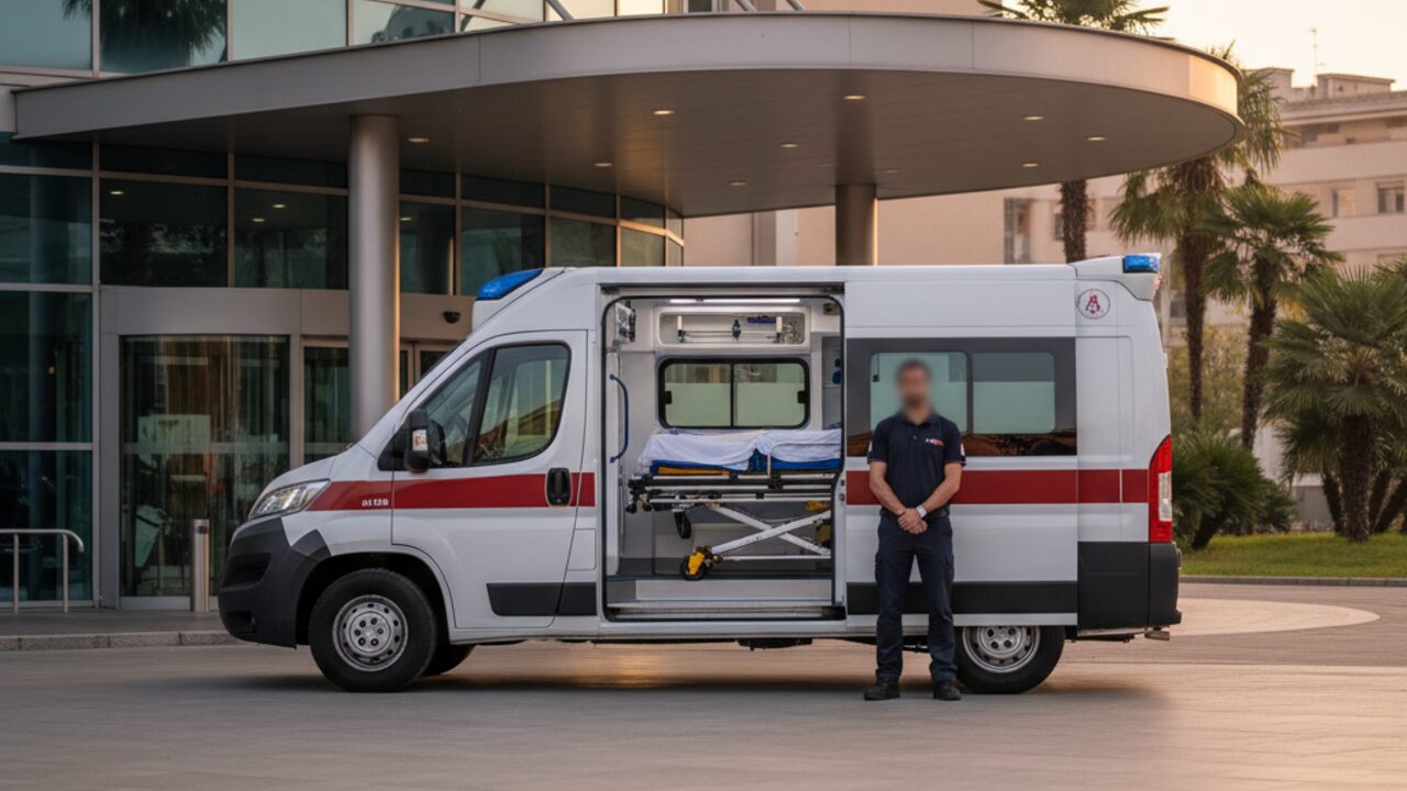 Ambulanza privata bianca pronta per un trasporto sanitario programmato in Italia