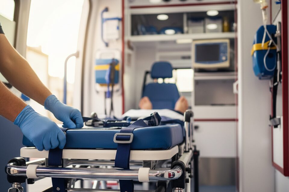 Soccorritore prepara la barella autocaricante in ambulanza per trasporto programmato