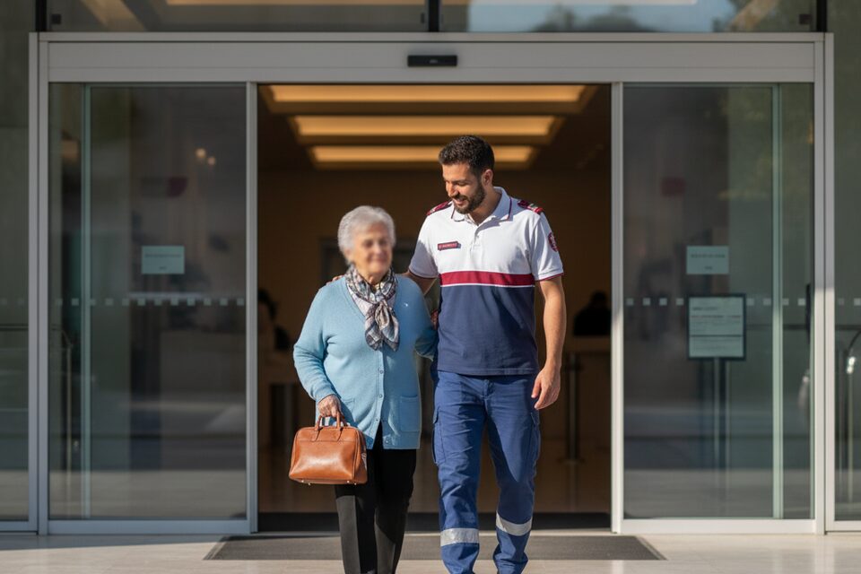 Anziana signora salutata dal soccorritore prima di entrare in studio medico